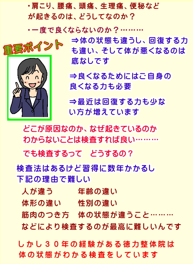 肩こり、腰痛、頭痛、生理痛、便秘を検査していくことで体の状態を確認する